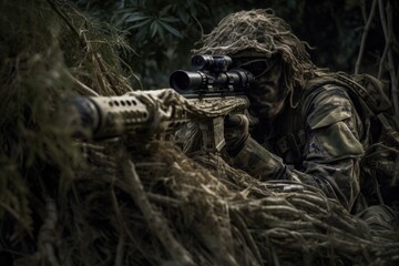 Sniper hidden in the woods taking aim to shoot. The image conveys a sense of danger, stealth, and military tactics Generative AI