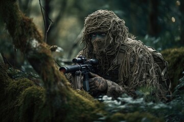 Obraz premium Sniper hidden in the woods taking aim to shoot. The image conveys a sense of danger, stealth, and military tactics Generative AI