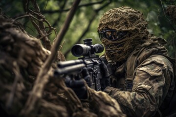 Fototapeta premium sniper hidden in the woods taking aim to shoot. The image conveys a sense of danger, stealth, and military tactics Generative AI