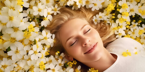 Obraz na płótnie Canvas Top view of happy amazing woman lying on grass among yellow blossom flowers. Springtime concept. Beautiful Smiling Girl on spring lawn. digital ai art