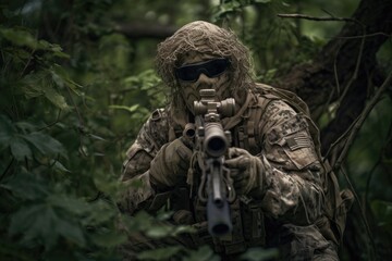 Fototapeta na wymiar sniper hidden in the woods taking aim to shoot. The image conveys a sense of danger, stealth, and military tactics Generative AI