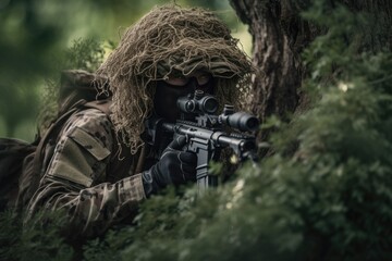 sniper hidden in the woods taking aim to shoot. The image conveys a sense of danger, stealth, and military tactics Generative AI