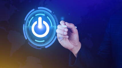 Businessman touching visual touch screen power button with his finger, network structure, Hand pressing power button.