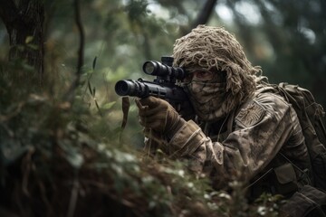 sniper hidden in the woods taking aim to shoot. The image conveys a sense of danger, stealth, and military tactics Generative AI