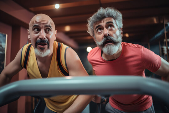 Two strong middle aged caucasian men training in gym, frends going to sport club together for a joint training session, healthy lifestyle illustration, AI generative
