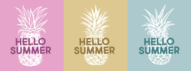Hello Summer, pineapple, hand drawn illustrations.