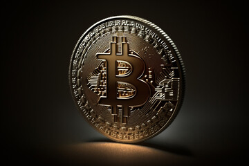 Cryptocurrency golden bitcoin coin logo. Crypto currency gold physical money concept idea. Blockchain digital cash finance. Ai generated