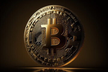 Fototapeta na wymiar Cryptocurrency golden bitcoin coin logo. Crypto currency gold physical money concept idea. Blockchain digital cash finance. Ai generated