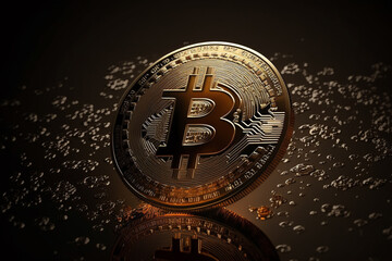 Cryptocurrency golden bitcoin coin logo. Crypto currency gold physical money concept idea. Blockchain digital cash finance. Ai generated