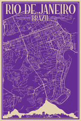 Colorful hand-drawn framed poster of the downtown RIO DE JANEIRO, BRAZIL with highlighted vintage city skyline and lettering