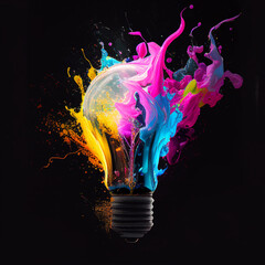 Light bulb with explosion of color and splashes of paint on black background. Abstract concept of creative thinking.  Generative AI  