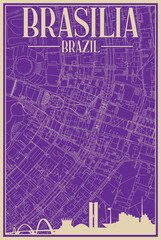 Colorful hand-drawn framed poster of the downtown BRASILIA, BRAZIL with highlighted vintage city skyline and lettering