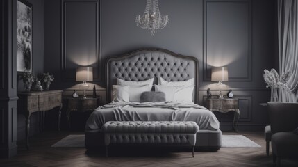 Grey badroom interior with double bed.