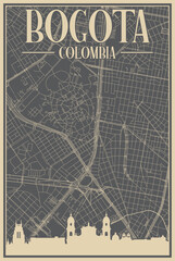 Colorful hand-drawn framed poster of the downtown BOGOTA, COLOMBIA with highlighted vintage city skyline and lettering