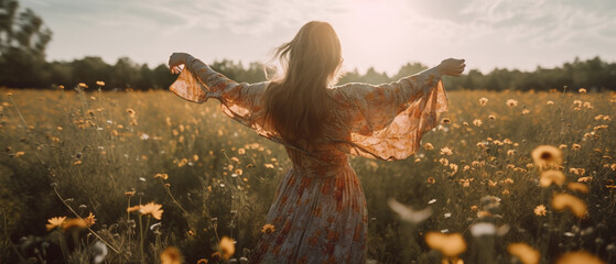 Obraz premium Image Generated AI. Young woman with summer dress standing open arms in a field of wildflowers 