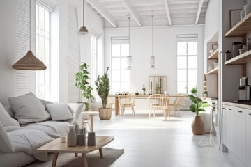 Fototapeta premium bright and spacious living room with abundant natural lighting and comfortable furniture. Generative AI