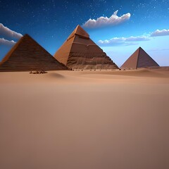 Desert with the great pyramids of ancient Egypt. Giza with pyramids. Fantasy desert landscape. Illuminated neon pyramids