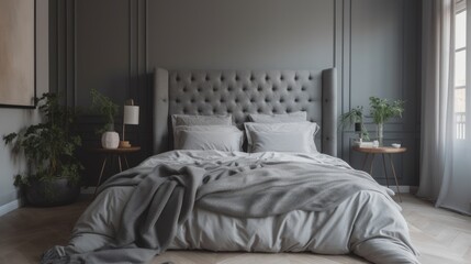 Grey badroom interior with double bed.