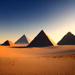 Fototapeta na wymiar Desert with the great pyramids of ancient Egypt. Giza with pyramids. Fantasy desert landscape. Illuminated neon pyramids