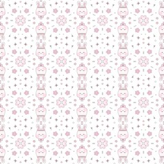 Cute fluffy bunny and flowers pattern on the white background seamless