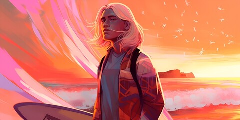 The Surfer Dude in front of a Fiery Orange and Pink Sunset (Generative AI)