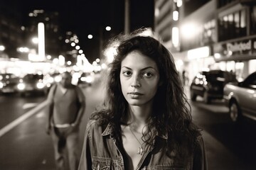 Young woman in a Latin american city street at night looking at the camera . Generative AI