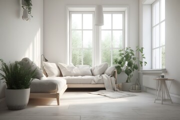 modern living room featuring a white sofa and green potted plants. Generative AI
