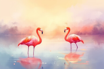 Colorful abstract painting of flamingos in the water