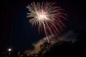 Large nighttime fireworks display celebrates America's national holiday, dazzling onlookers in the night sky Generative AI