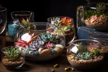 Fototapeta premium variety of succulent plants arranged in glass vases. Generative AI