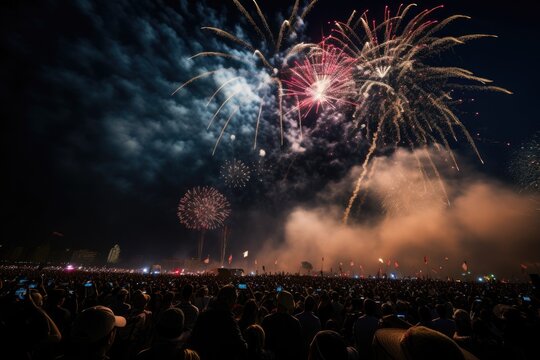 large nighttime fireworks display celebrates America's national holiday, dazzling onlookers in the night sky Generative AI