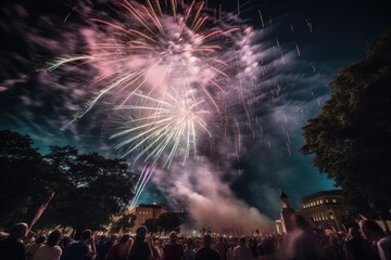 large nighttime fireworks display celebrates America's national holiday, dazzling onlookers in the night sky Generative AI