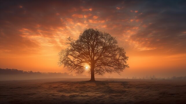 A lone tree or group of trees silhouetted against a beautiful sunrise, AI generative © Friedbert