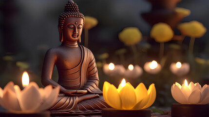 Photo buddha statue with candle light sunset buddha purnima vesak day temples background generative ai