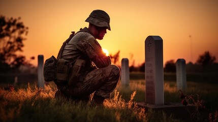 Military man kneeling of grave fallen soldier, sunset. Concept veteran of war. Generative AI