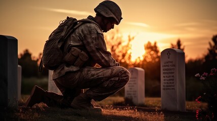 Military man kneeling of grave fallen soldier, sunset. Concept veteran of war. Generative AI