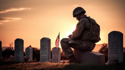 Military man kneeling of grave fallen soldier, sunset. Concept veteran of war. Generative AI - obrazy, fototapety, plakaty