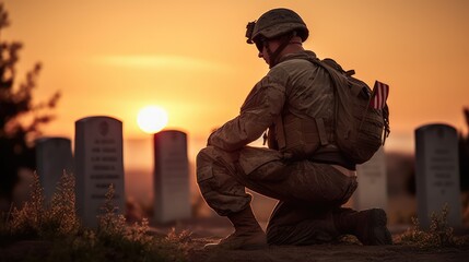 Military man kneeling of grave fallen soldier, sunset. Concept veteran of war. Generative AI