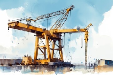 majestic crane standing in a bustling harbor. Generative AI
