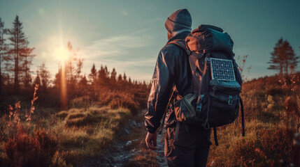 Tourist wearing hiking backpack with solar panels. Generative AI - obrazy, fototapety, plakaty