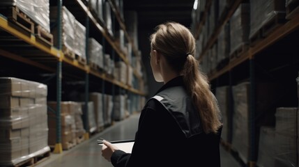 Warehouse employee from behind reading a clipboard Generative AI