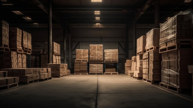 Warehouse storage and shelves with cardboard boxes Generative AI