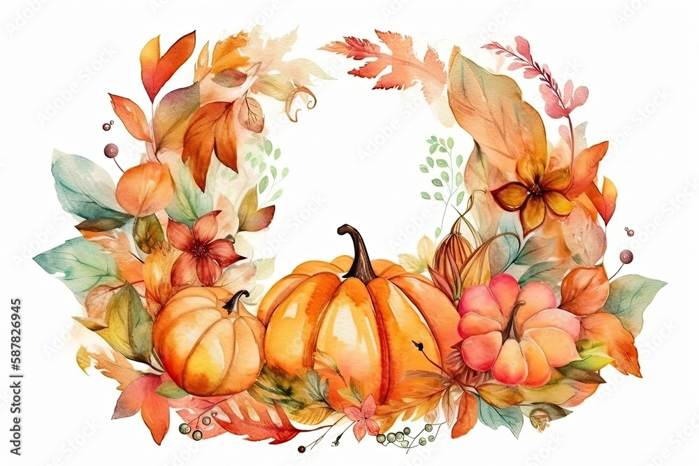 Sticker fall-themed wreath with pumpkins and leaves in watercolor. Generative AI