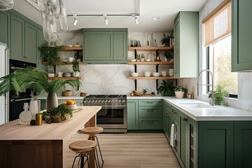Fototapeta premium Stylish modern open plan kitchen featuring green woodentable, wood cupboards and off white marble counters, AI generative