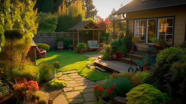 Wide Shot Of Home Garden, Lawn, Yard, Deck, And Space For Outdoor Entertaining. Urban, Suburban, Rural Neighborhood. Generative AI