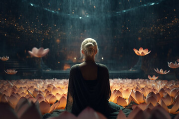 Fototapeta premium Young beautiful girl sits in lotus pose in fairy fantasy place with lotus flowers. Meditation practice, yoga pose, zen relaxation, religion. Creative art generated by AI