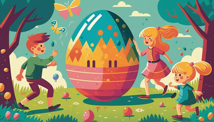 Happy Easter Illustration of a Colorful Easter with Happy Children. Generative AI