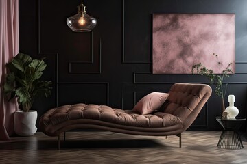 Charcoal Chaise Lounge in Vibrant Soft Pink Room - Generative AI	