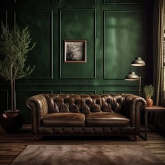 Dark Brown Couch in Vibrant Deep Green Room - Generative AI	