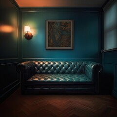 Blue Leather Couch Centerpiece in Deep Blue and Rich Green Room - Generative AI	
